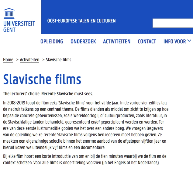 Page Internet. UGent. Slavische film. Seizoen 2018-2019. 2018-10-10